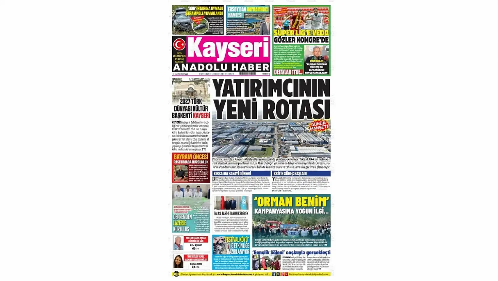 Kayseri gazetelerinde 19 Mayıs Salı günü hangi başlıklar gündem oldu?