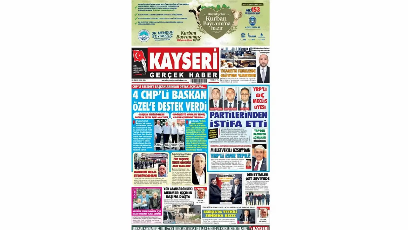 Kayseri Gazetelerinde 26 Mayıs Salı günü öne çıkan başlıklar…