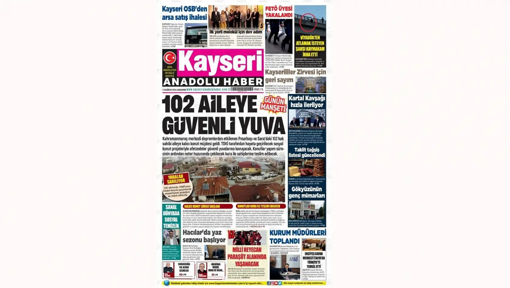 Kayseri Gazetelerinde 3 Haziran Çarşamba günü öne çıkan başlıklar…