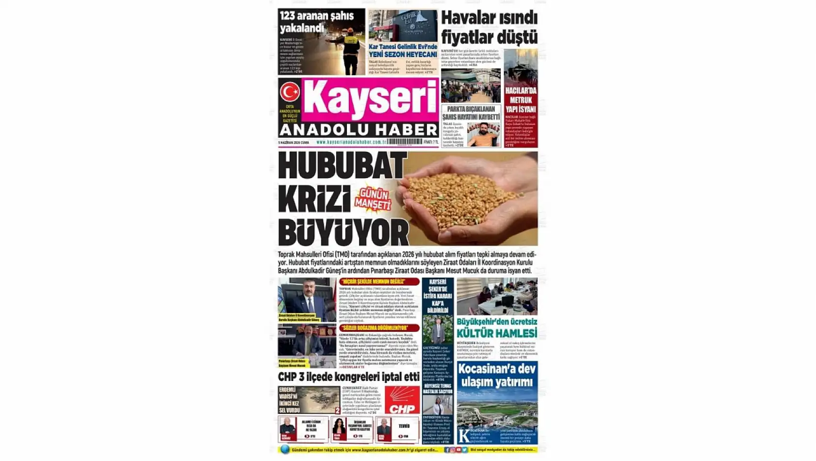 Kayseri yerel gazetelerinin 5 Haziran manşeti: Hububat krizi, Kiralık Otogar, Ulaşım Projesi…