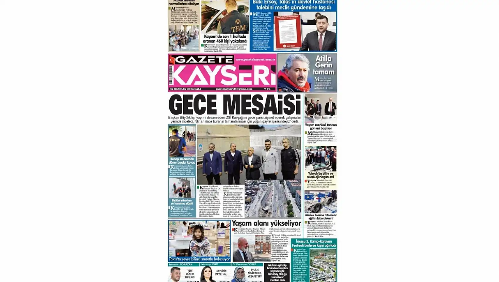 Kayseri Gazetelerinde 9 Haziran Salı günü öne çıkan başlıklar…