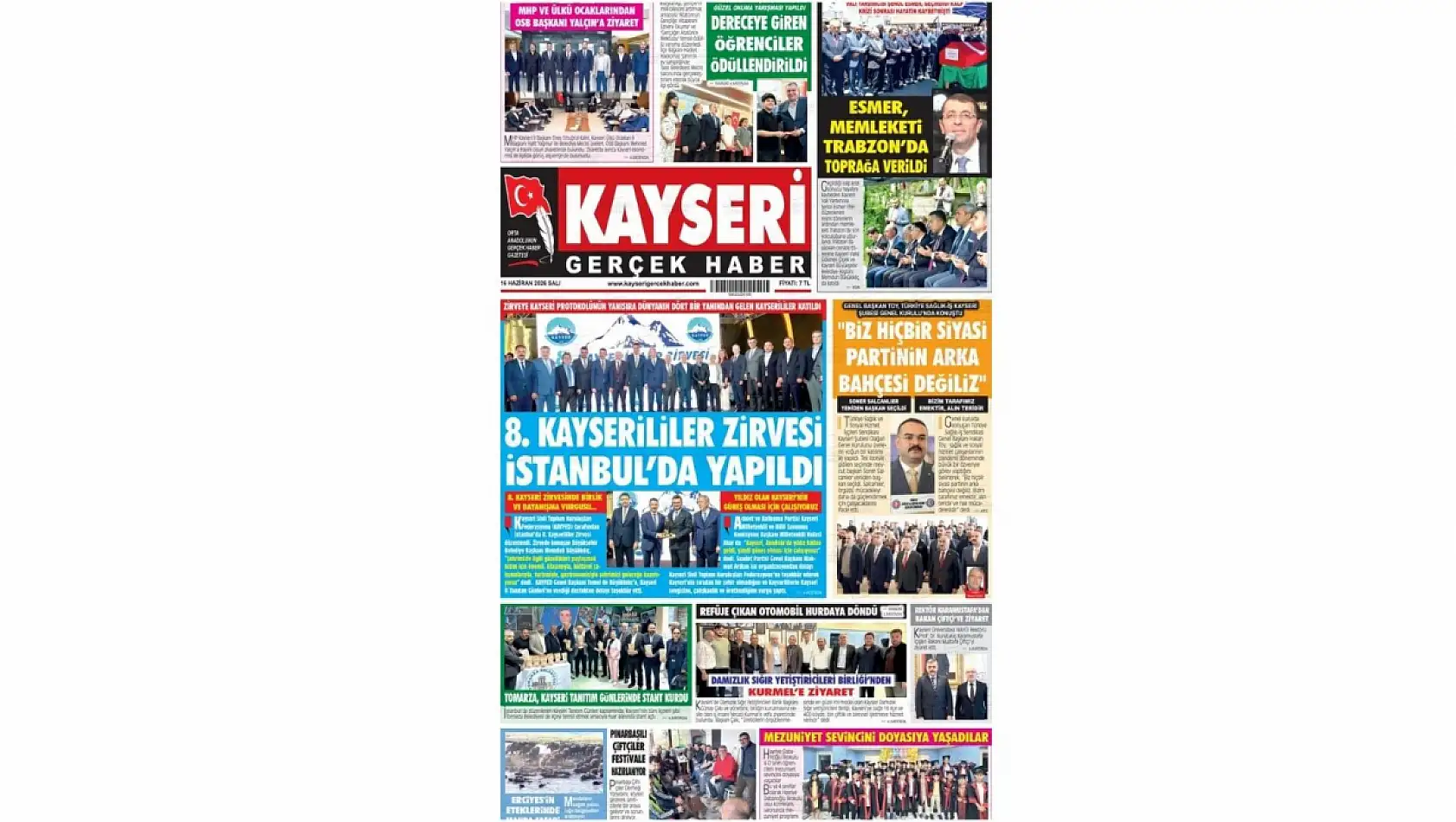 Kayseri Gazetelerinde 16 Haziran Salı günü öne çıkan başlıklar…