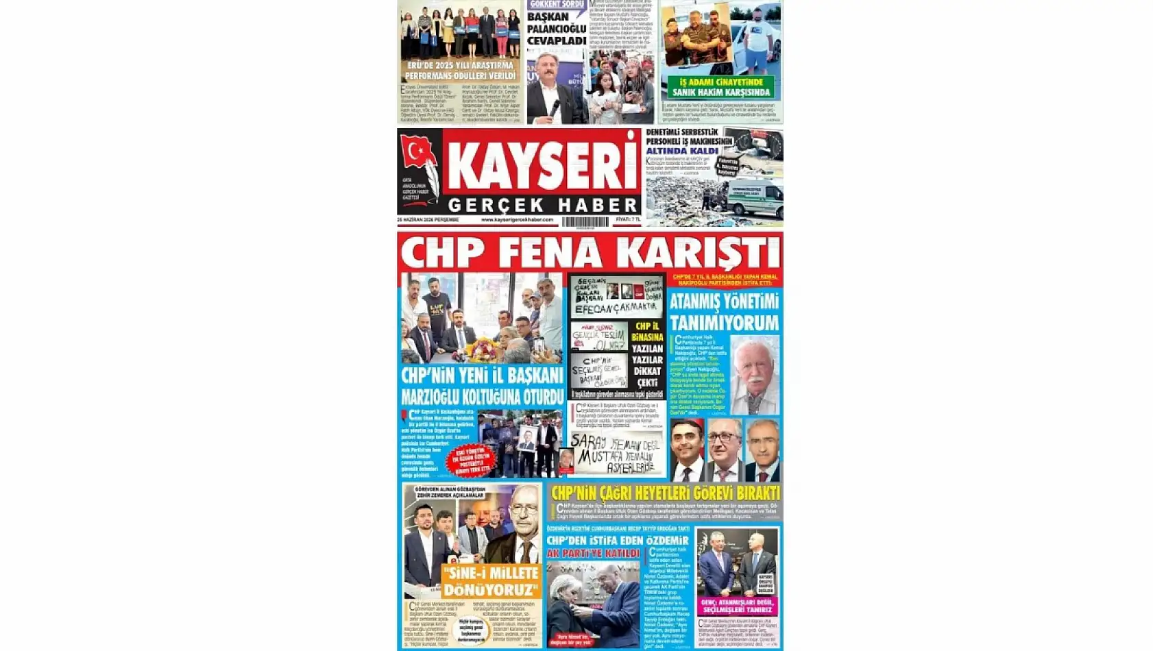 Kayseri Gazetelerinde 25 Haziran Perşembe günü manşet tek: CHP Kayseri!