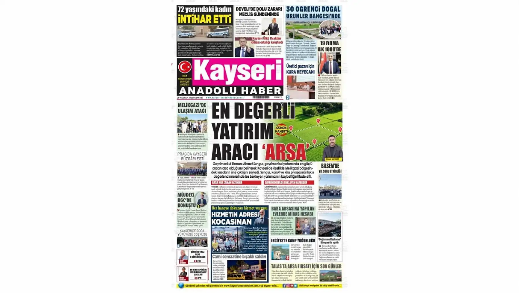 Kayseri yerel gazeteleri 29 Haziran sabahına hangi manşetlerle çıktı?