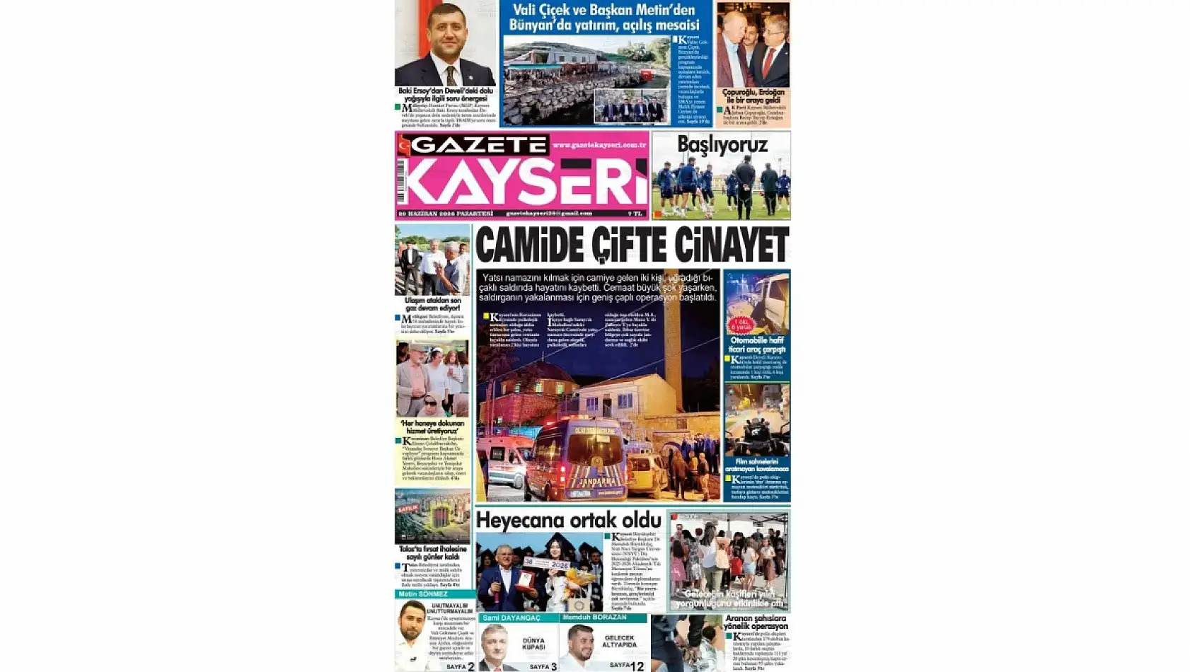Kayseri yerel gazeteleri 29 Haziran sabahına hangi manşetlerle çıktı?