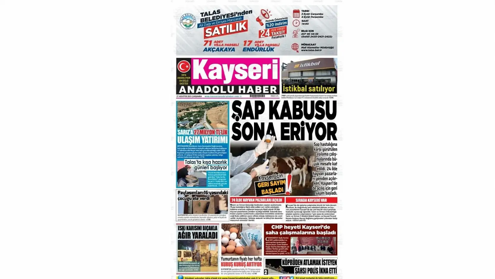 Kayseri Gazetelerinde 27 Ağustos Çarşamba gündemi – Şap ve CHP...