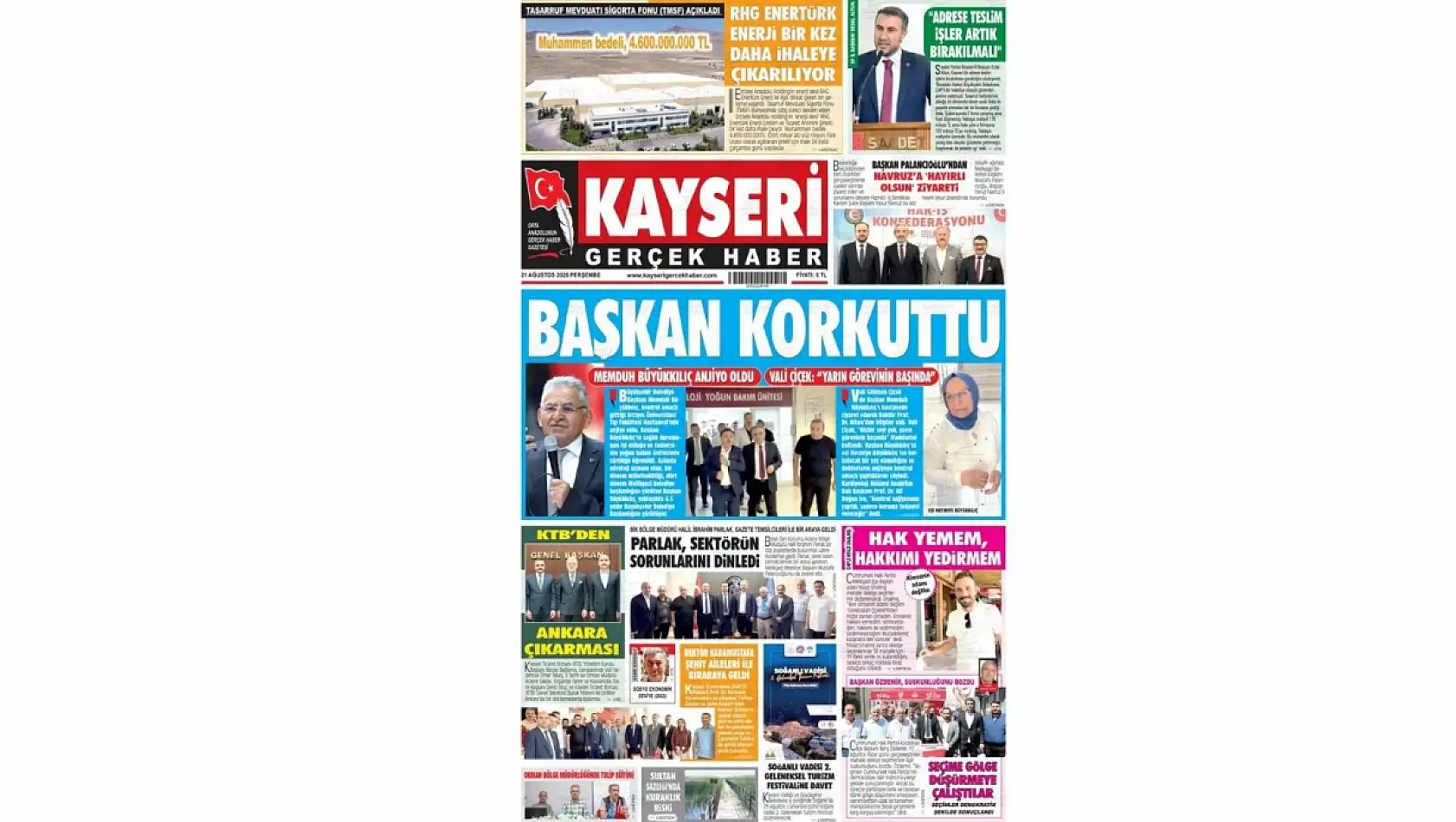 Kayseri Gazetelerinde 21 Ağustos Perşembe gündemi – Başkan Büyükkılıç, Mustafa Elitaş ve Soğanlı Festivali...