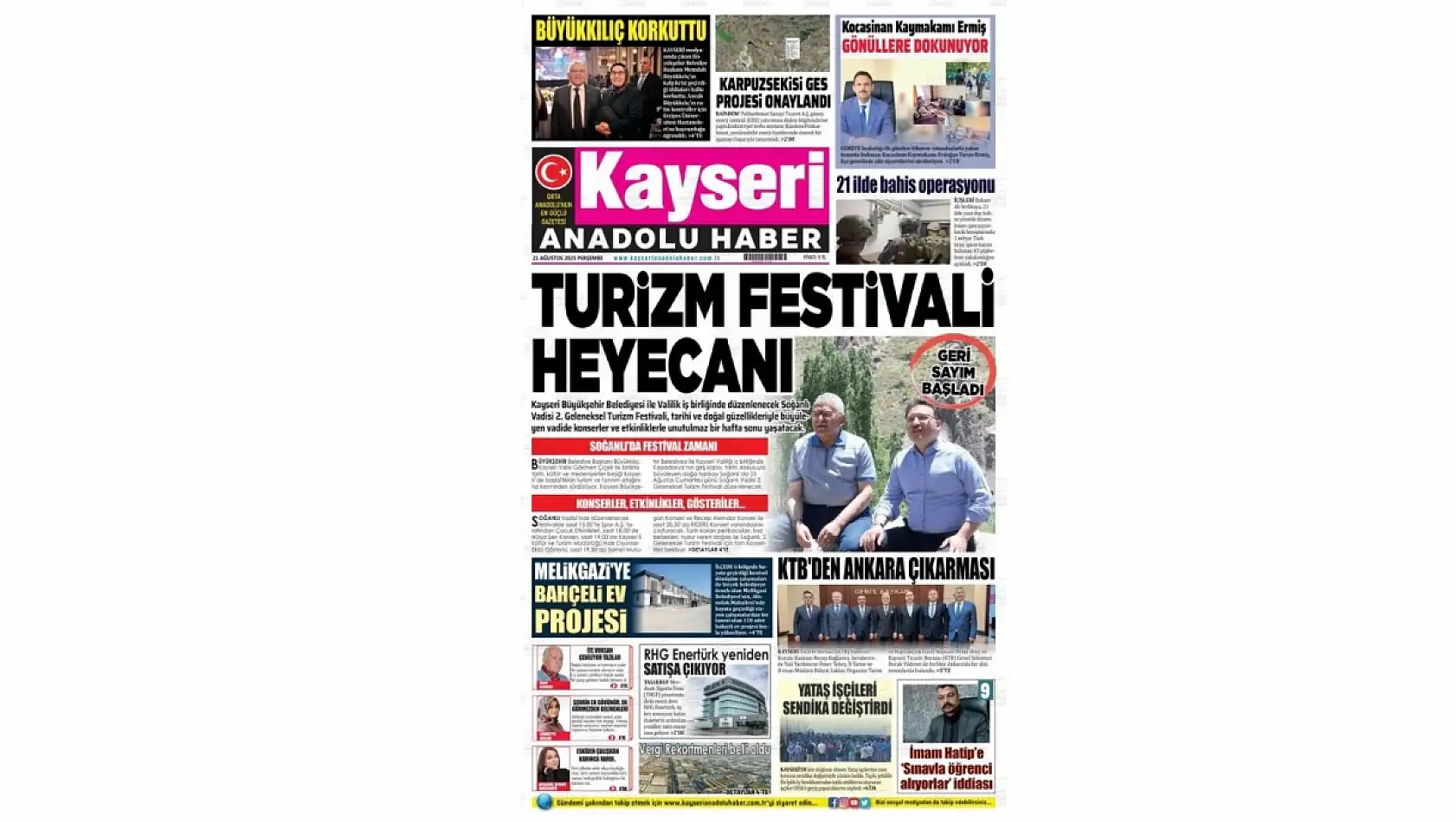 Kayseri Gazetelerinde 21 Ağustos Perşembe gündemi – Başkan Büyükkılıç, Mustafa Elitaş ve Soğanlı Festivali...