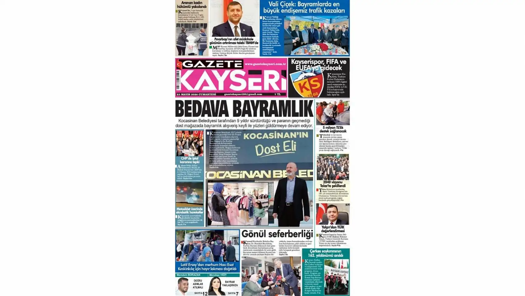 Kayseri yerel gazetelerinde dikkat çeken 23 Mayıs manşet haberleri: Vali Çiçek, CHP, Bayramlık...