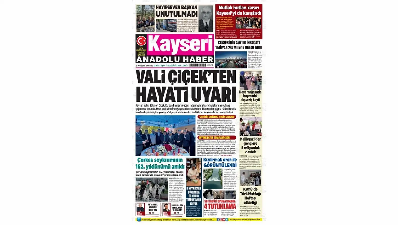 Kayseri yerel gazetelerinde dikkat çeken 23 Mayıs manşet haberleri: Vali Çiçek, CHP, Bayramlık...