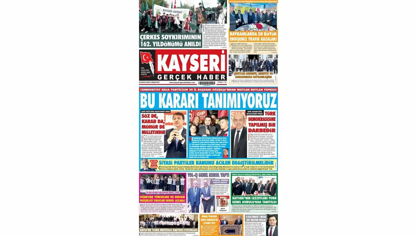 Kayseri yerel gazetelerinde dikkat çeken 23 Mayıs manşet haberleri: Vali Çiçek, CHP, Bayramlık...