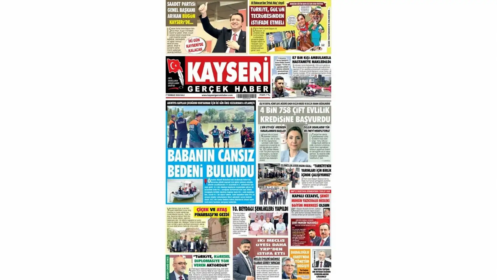 Kayseri yerel gazetelerinden öne çıkan manşetler! (7 Temmuz 2026)
