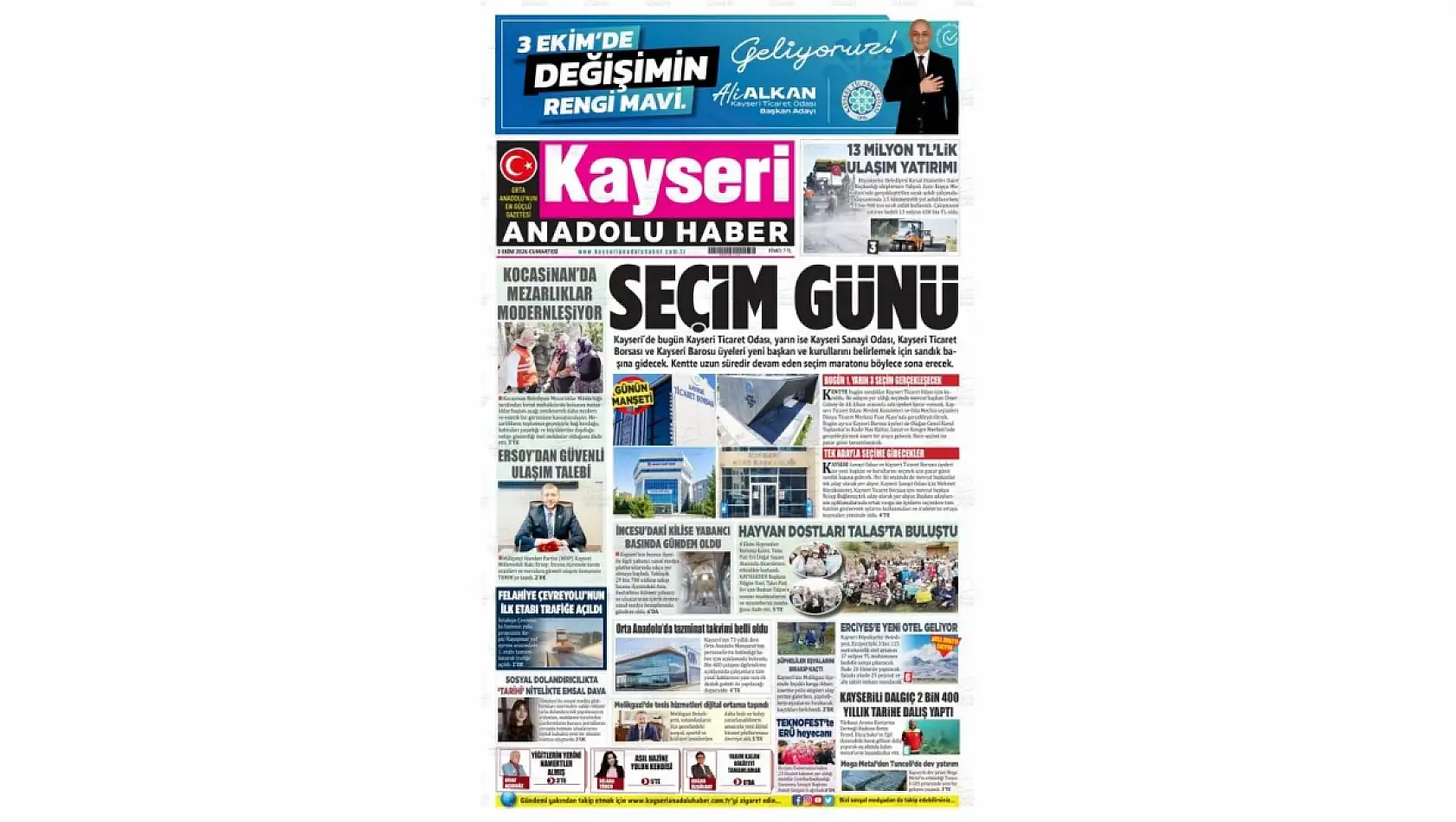 Kayseri yerel gazeteleri gündemin nabzını tuttu: İşte 3 Ekim 2026 manşet haberleri
