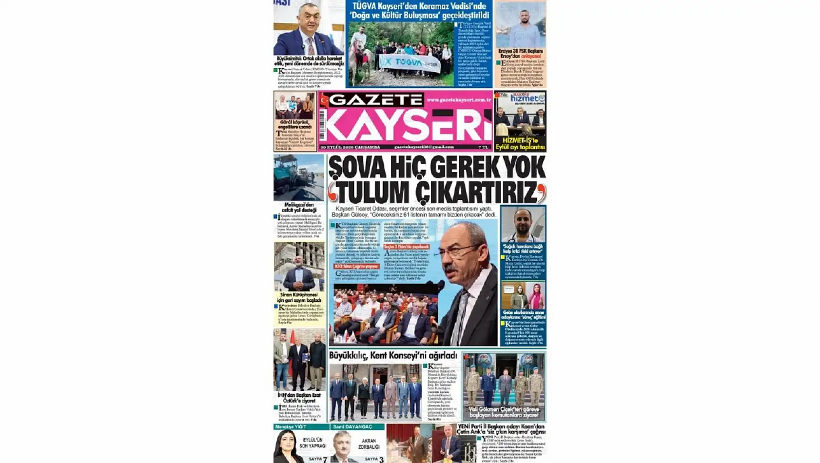 Kayseri yerel gazetelerinden 30 Eylül manşet haberleri: KAYSO, Cuma Namazı tartışması, KTO...