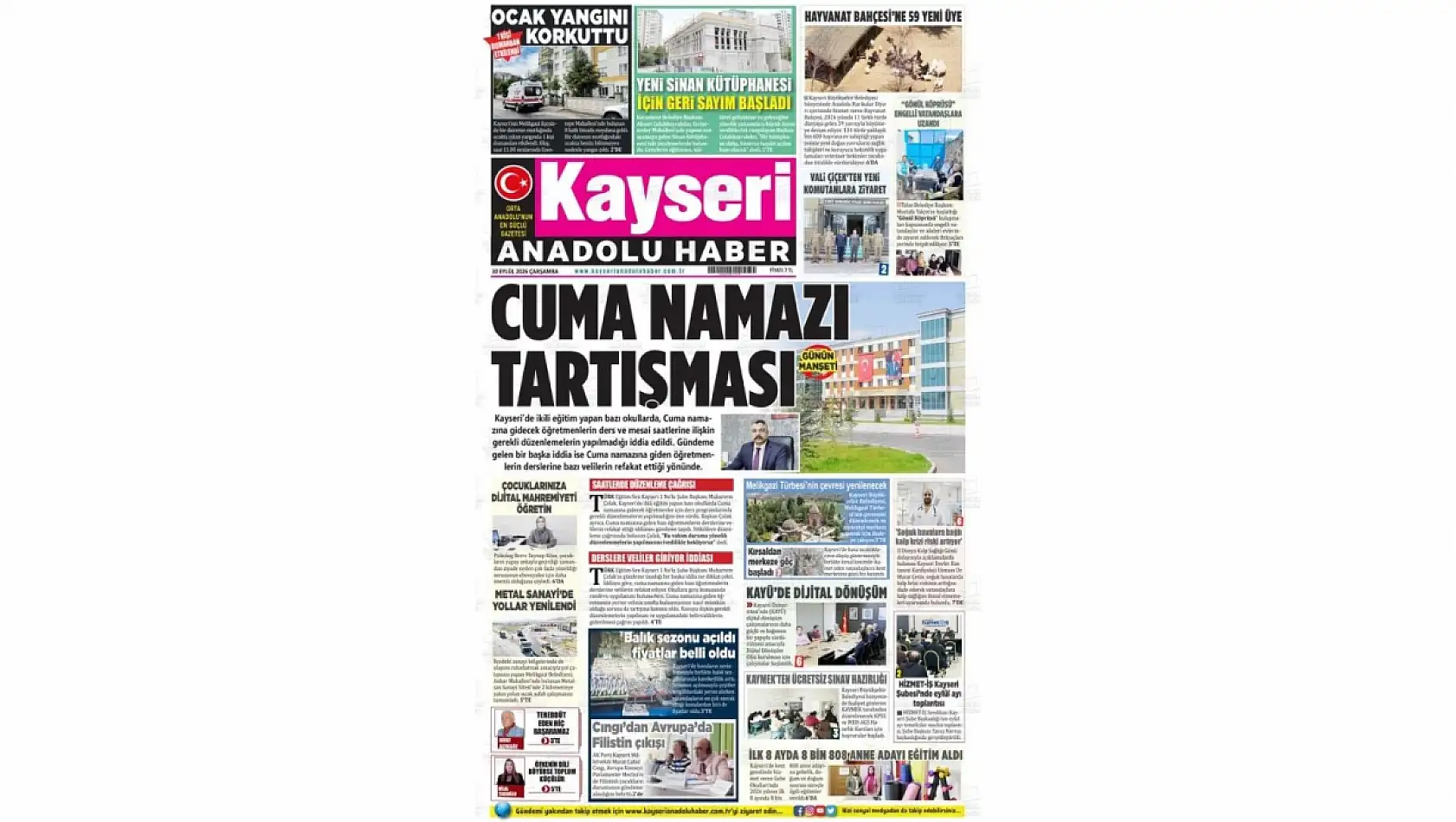 Kayseri yerel gazetelerinden 30 Eylül manşet haberleri: KAYSO, Cuma Namazı tartışması, KTO...