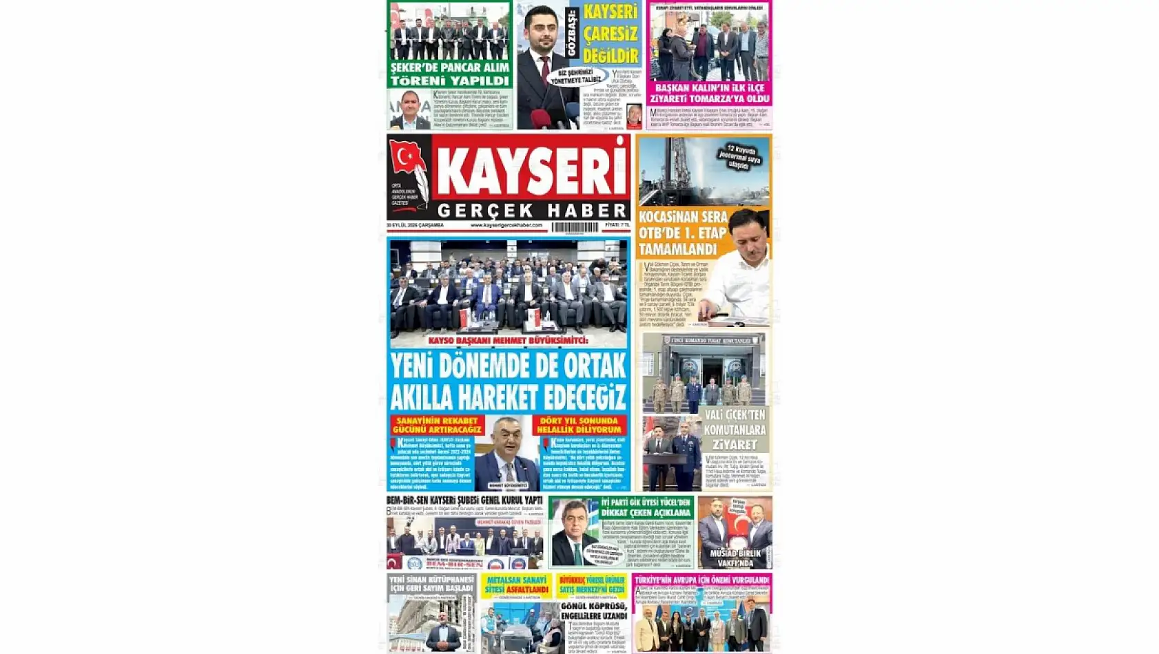 Kayseri yerel gazetelerinden 30 Eylül manşet haberleri: KAYSO, Cuma Namazı tartışması, KTO...