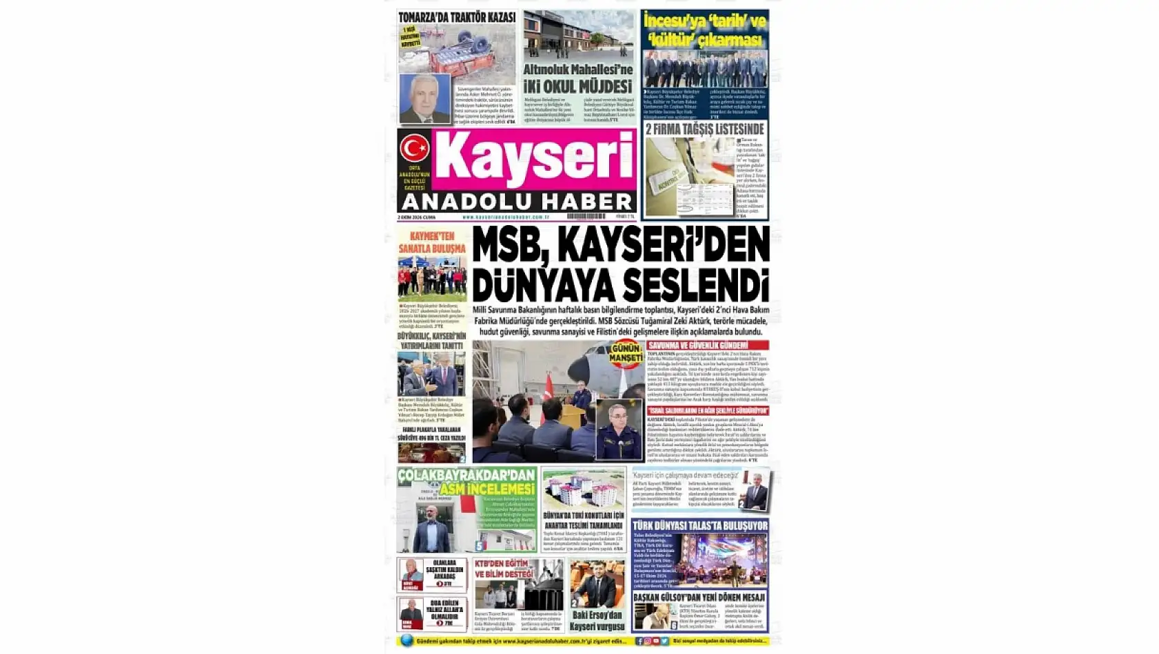 Kayseri yerel gazeteleri 2 Ekim sabahına hangi manşetlerle çıktı?