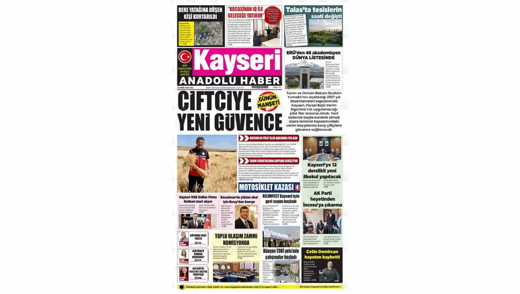 Kayseri yerel gazeteleri 13 Ekim gündemini belirledi!