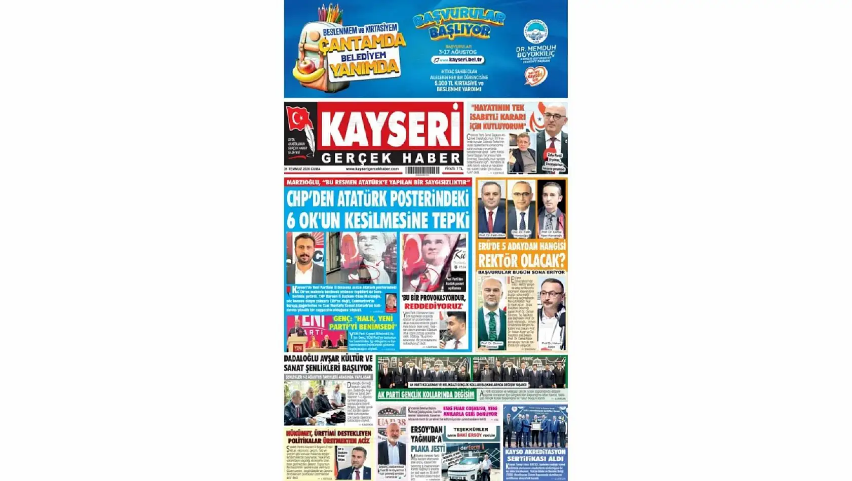 Kayseri yerel gazeteleri 31 Temmuz sabahına hangi manşetlerle çıktı?