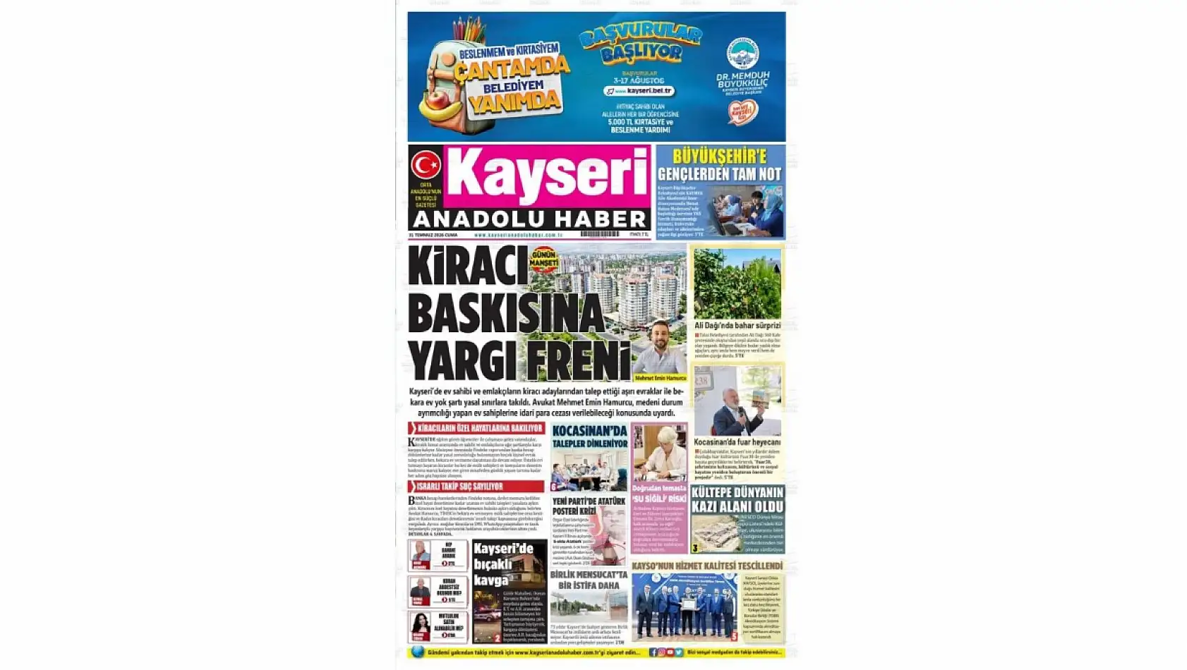 Kayseri yerel gazeteleri 31 Temmuz sabahına hangi manşetlerle çıktı?