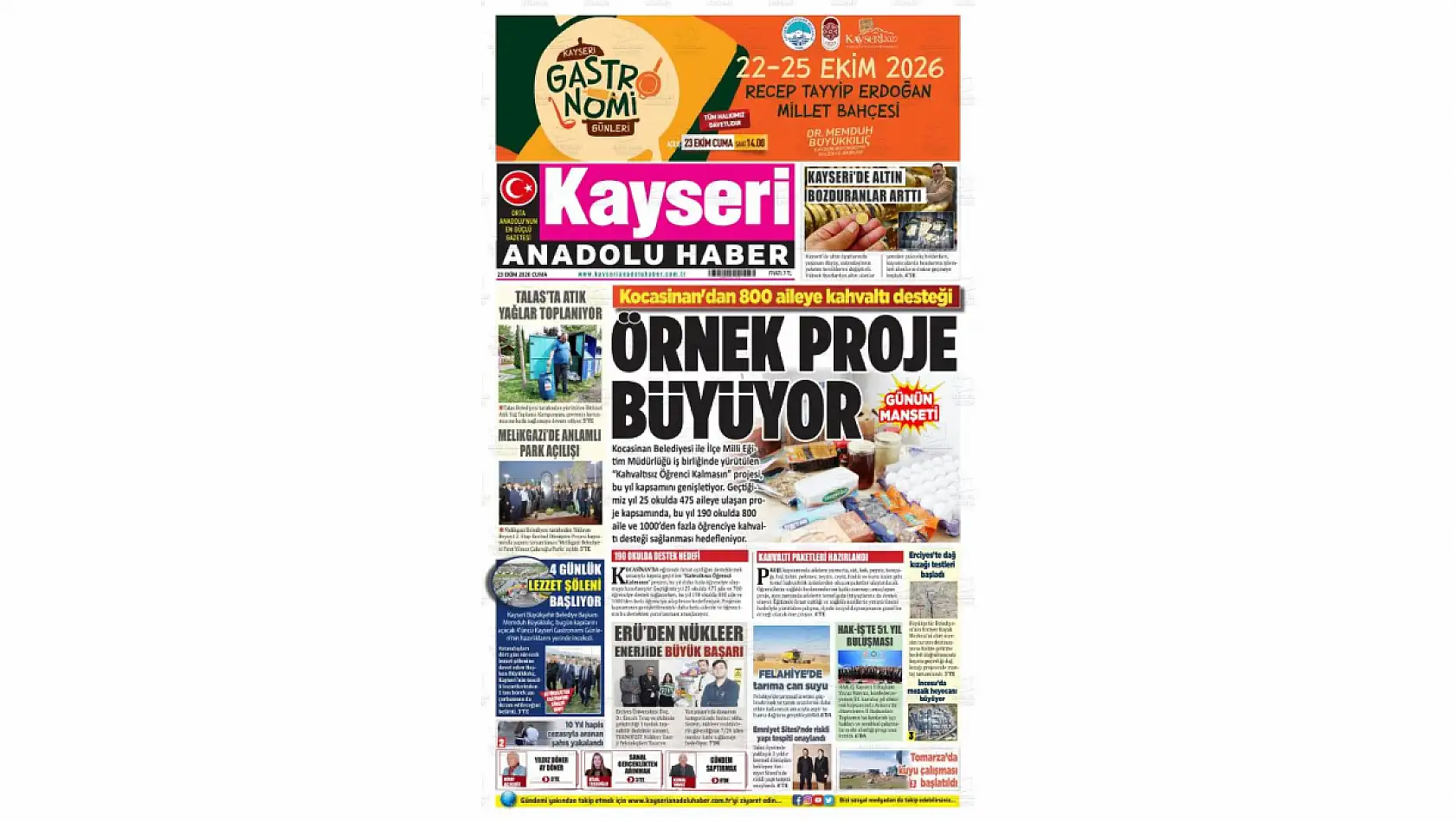 Kayseri gazeteleri 23 Ekim Cuma gündemi!