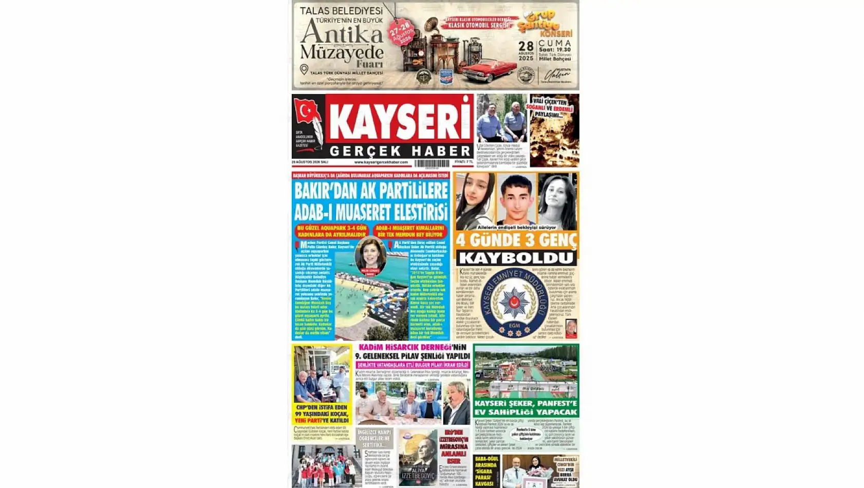 Kayseri yerel gazeteleri 25 Ağustos sabahına hangi manşetlerle çıktı?