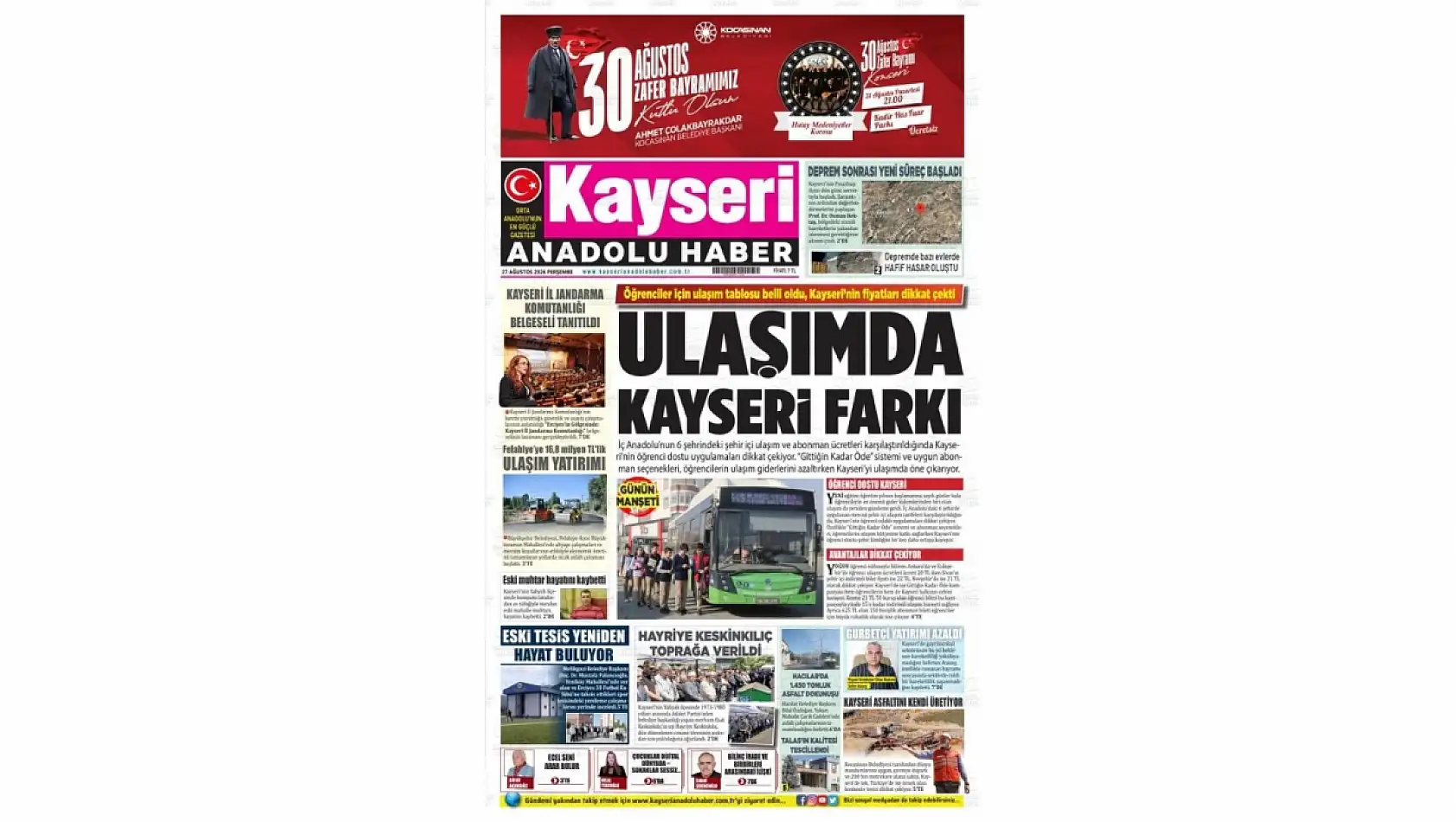 Kayseri yerel gazeteleri 27 Ağustos sabahına hangi manşetlerle çıktı?