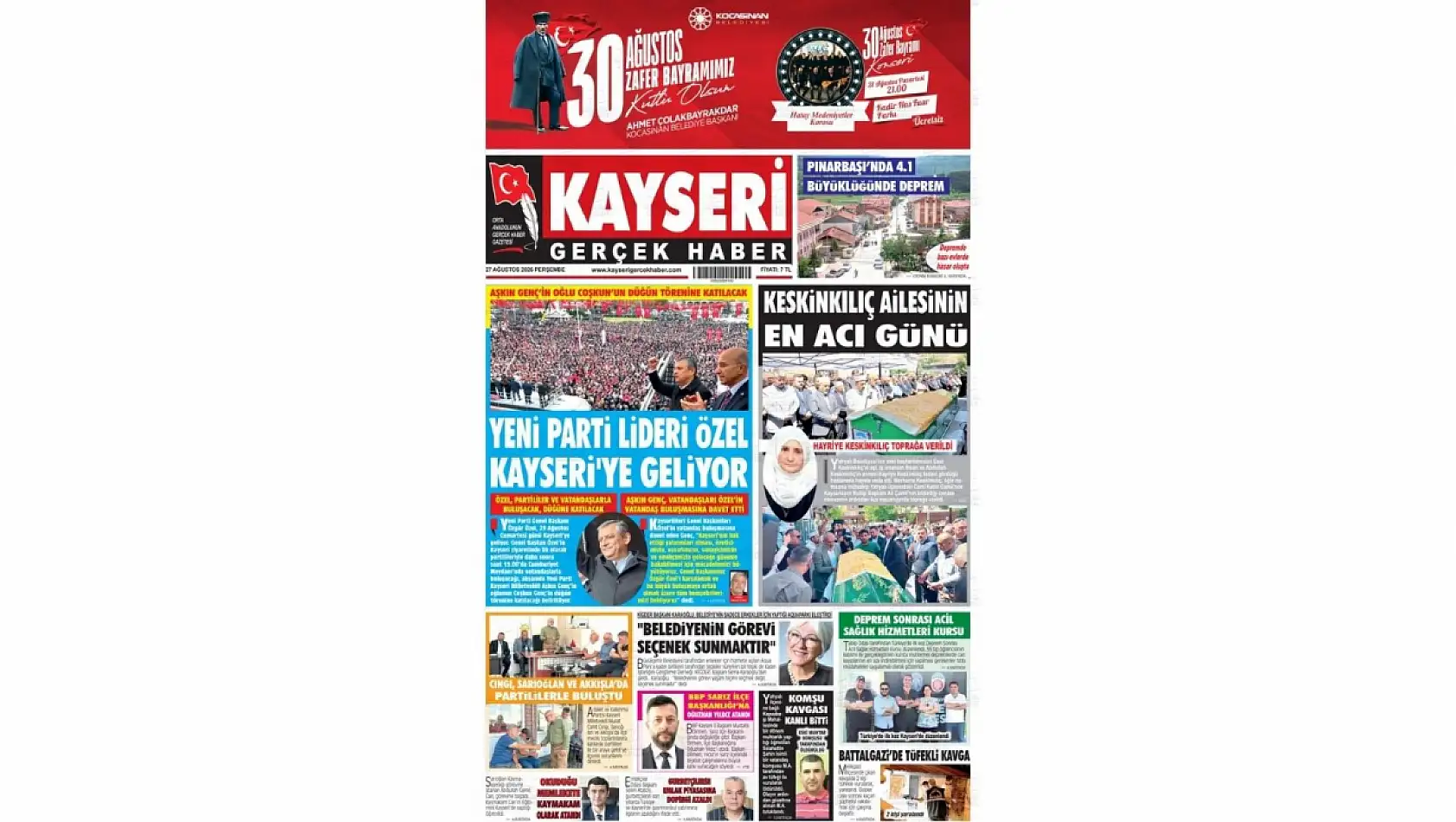 Kayseri yerel gazeteleri 27 Ağustos sabahına hangi manşetlerle çıktı?