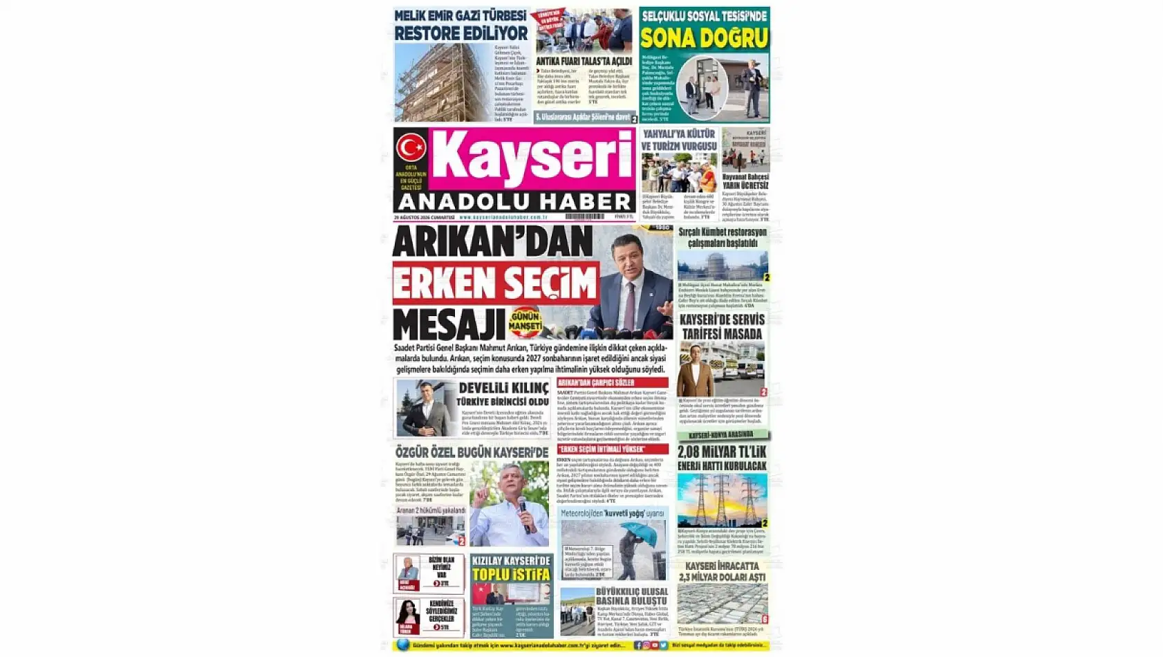 Kayseri yerel gazeteleri 29 Ağustos sabahına hangi manşetlerle çıktı?