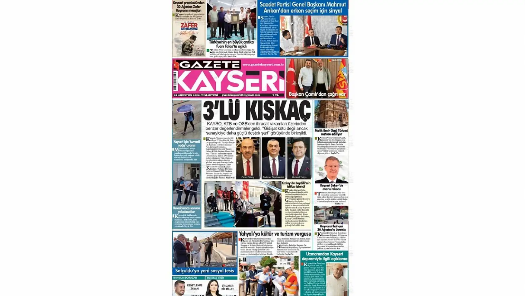 Kayseri yerel gazeteleri 29 Ağustos sabahına hangi manşetlerle çıktı?