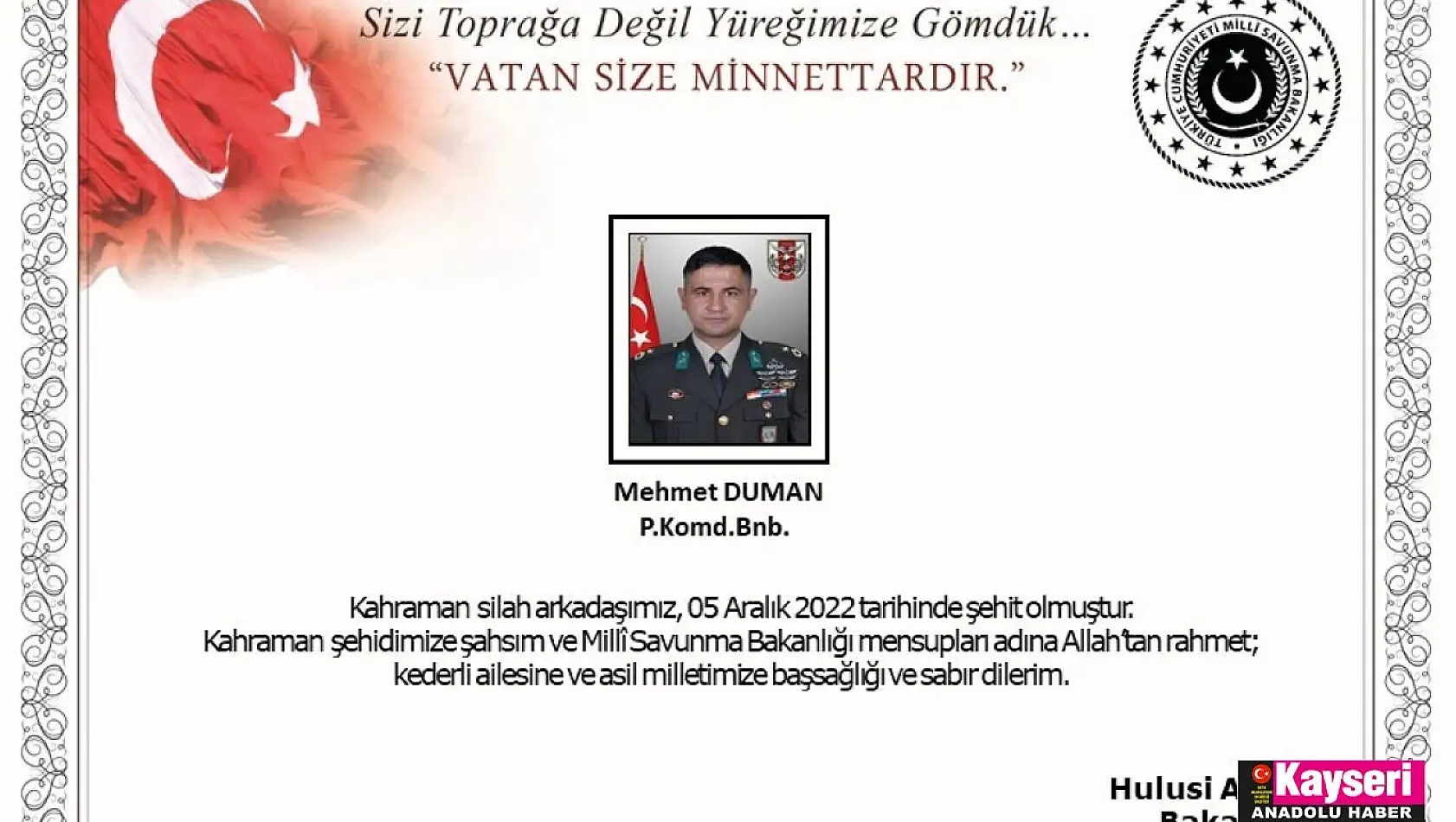 Binbaşı Mehmet Duman şehit oldu