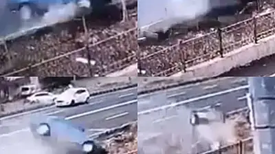 Otomobilin kanala uçtuğu anlar görüntülendi