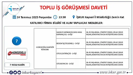 Kayseri'de Temmuz ayı İŞKUR toplu iş görüşmesi tarihi belli oldu: 25 firma yüzlerce personel alacak!