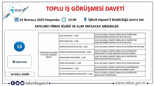 Kayseri'de Temmuz ayı İŞKUR toplu iş görüşmesi tarihi belli oldu: 25 firma yüzlerce personel alacak!