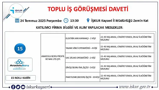 Kayseri'de Temmuz ayı İŞKUR toplu iş görüşmesi tarihi belli oldu: 25 firma yüzlerce personel alacak!