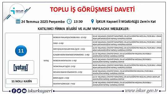 Kayseri'de Temmuz ayı İŞKUR toplu iş görüşmesi tarihi belli oldu: 25 firma yüzlerce personel alacak!