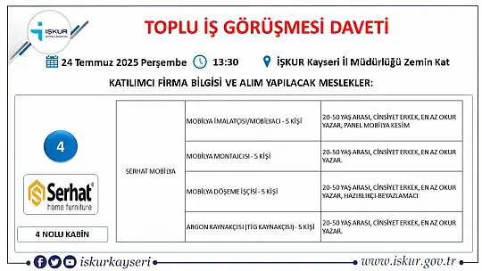 Kayseri'de Temmuz ayı İŞKUR toplu iş görüşmesi tarihi belli oldu: 25 firma yüzlerce personel alacak!