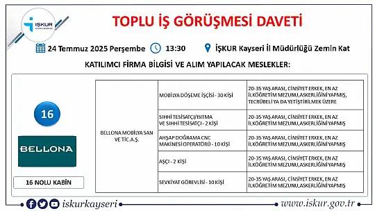 Kayseri'de Temmuz ayı İŞKUR toplu iş görüşmesi tarihi belli oldu: 25 firma yüzlerce personel alacak!