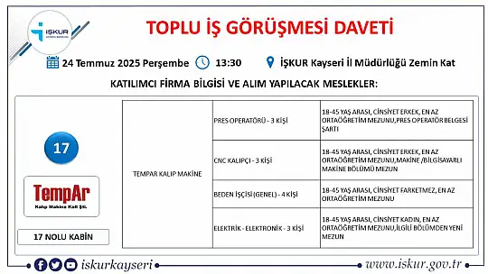 Kayseri'de Temmuz ayı İŞKUR toplu iş görüşmesi tarihi belli oldu: 25 firma yüzlerce personel alacak!
