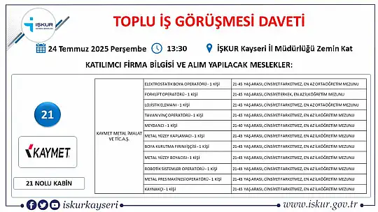 Kayseri'de Temmuz ayı İŞKUR toplu iş görüşmesi tarihi belli oldu: 25 firma yüzlerce personel alacak!