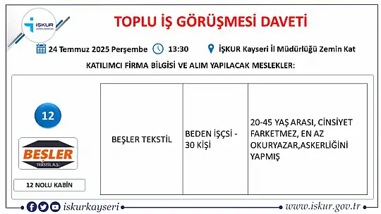 Kayseri'de Temmuz ayı İŞKUR toplu iş görüşmesi tarihi belli oldu: 25 firma yüzlerce personel alacak!
