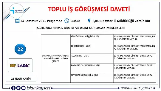 Kayseri'de Temmuz ayı İŞKUR toplu iş görüşmesi tarihi belli oldu: 25 firma yüzlerce personel alacak!