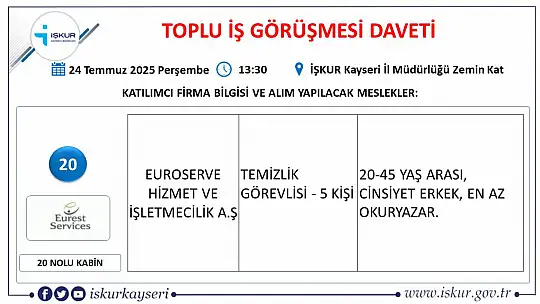 Kayseri'de Temmuz ayı İŞKUR toplu iş görüşmesi tarihi belli oldu: 25 firma yüzlerce personel alacak!