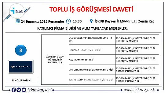 Kayseri'de Temmuz ayı İŞKUR toplu iş görüşmesi tarihi belli oldu: 25 firma yüzlerce personel alacak!