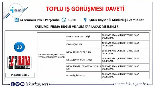 Kayseri'de Temmuz ayı İŞKUR toplu iş görüşmesi tarihi belli oldu: 25 firma yüzlerce personel alacak!