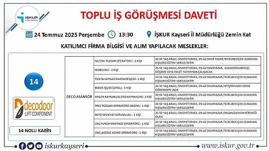 Kayseri'de Temmuz ayı İŞKUR toplu iş görüşmesi tarihi belli oldu: 25 firma yüzlerce personel alacak!