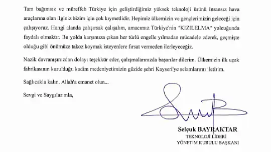 Bayraktar'dan Yalçın'a mektup...