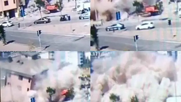 Binanın iş makinesinin üzerine çöktüğü anlar anbean kaydedildi