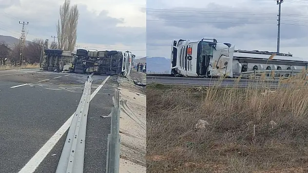 Kayseri'de akaryakıt yüklü tanker devrildi!