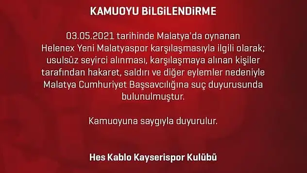 Kayserispor, suç duyurusunda bulundu